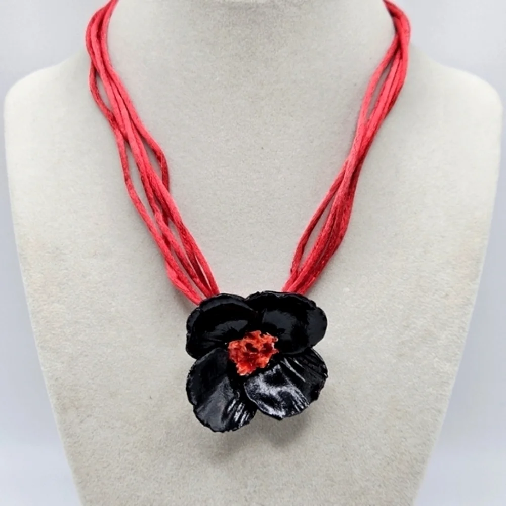 NEW VINTAGE Lisner 3D Poppy Flower Pendant Silk Cord Choker Necklace